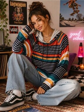 Y2K Striped Hoodie Cowl Neck Skater Pullover Top Retro Boho